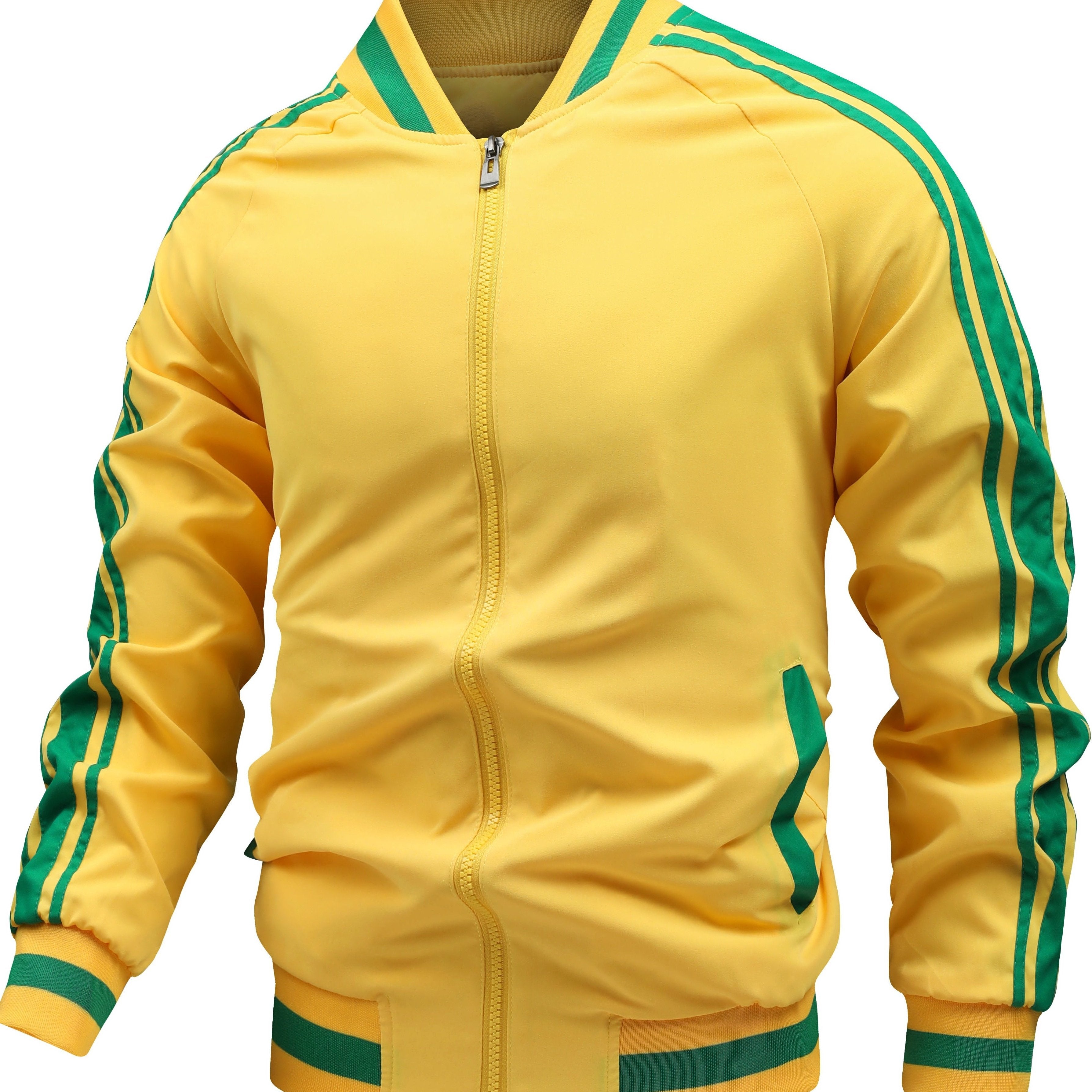 Men's Color Block Graphic Sports Jacket, Casual Striped Zip Up Varsity Jacket For Outdoor Fall Winter