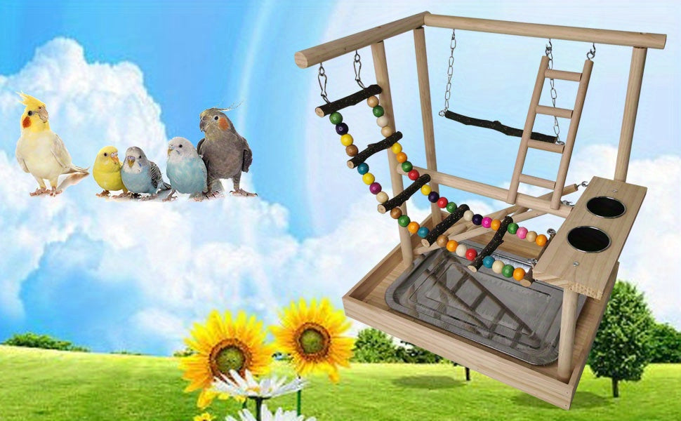 Deluxe Wooden Parrot Playstand with Climbing Ladder, Swing & Chew Toys -
