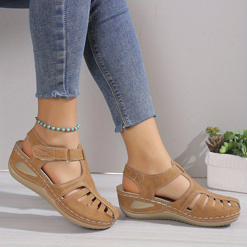 Women's Platform Sandals, Closed Toe Round Toe Solid Color Ankle Strap Sandals, Women's Hook And Loop Shoes