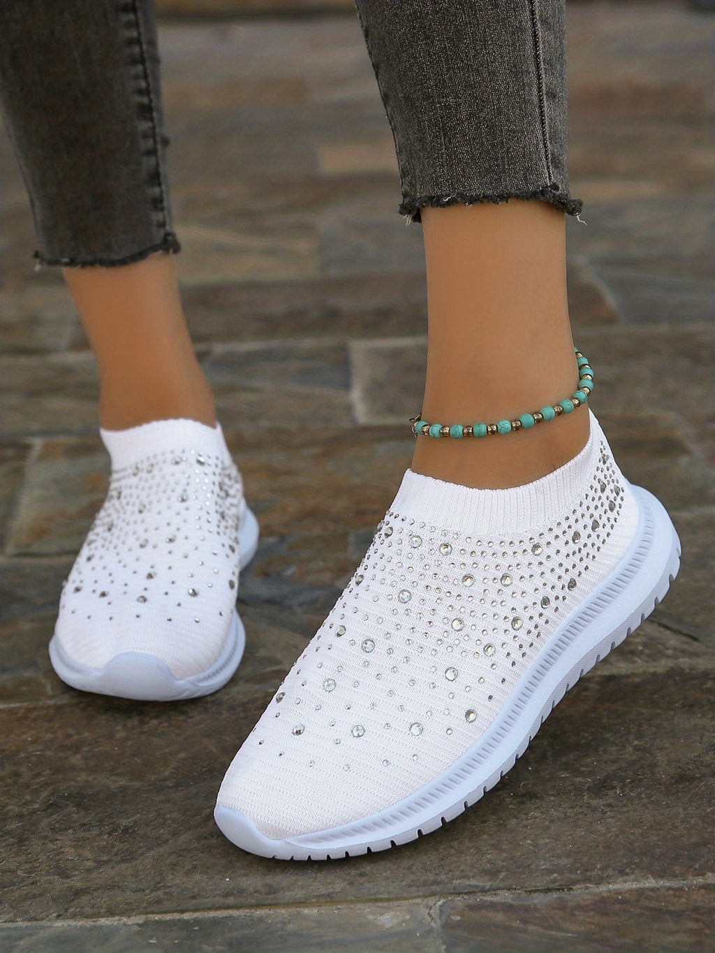 Women's Rhinestone Decor Slip-on Sneakers, Fly Woven Sports Shoes, Breathable Low Top Walking Shoes For Music Festival