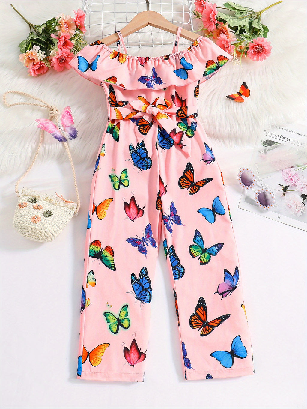 Trendy Girls' Butterfly Romper with Ruffles and Belt - Perfect for Summer!