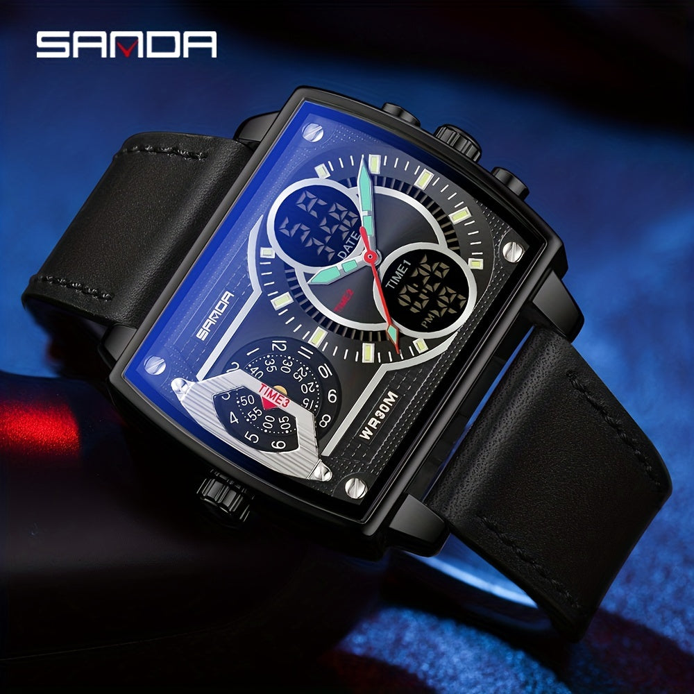 Large Dial Multi Time Zone Men's Watch, Square Dual Display Multifunctional Sports Watch with Dual Time Zone, Date, Alarm, and Stopwatch Functions