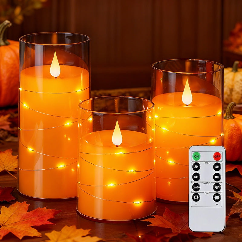 Flickering Flameless Candles with String Lights, Battery Operated Candles, Embedded String Lights LED Candles, Candles with Remote, Set Of 3