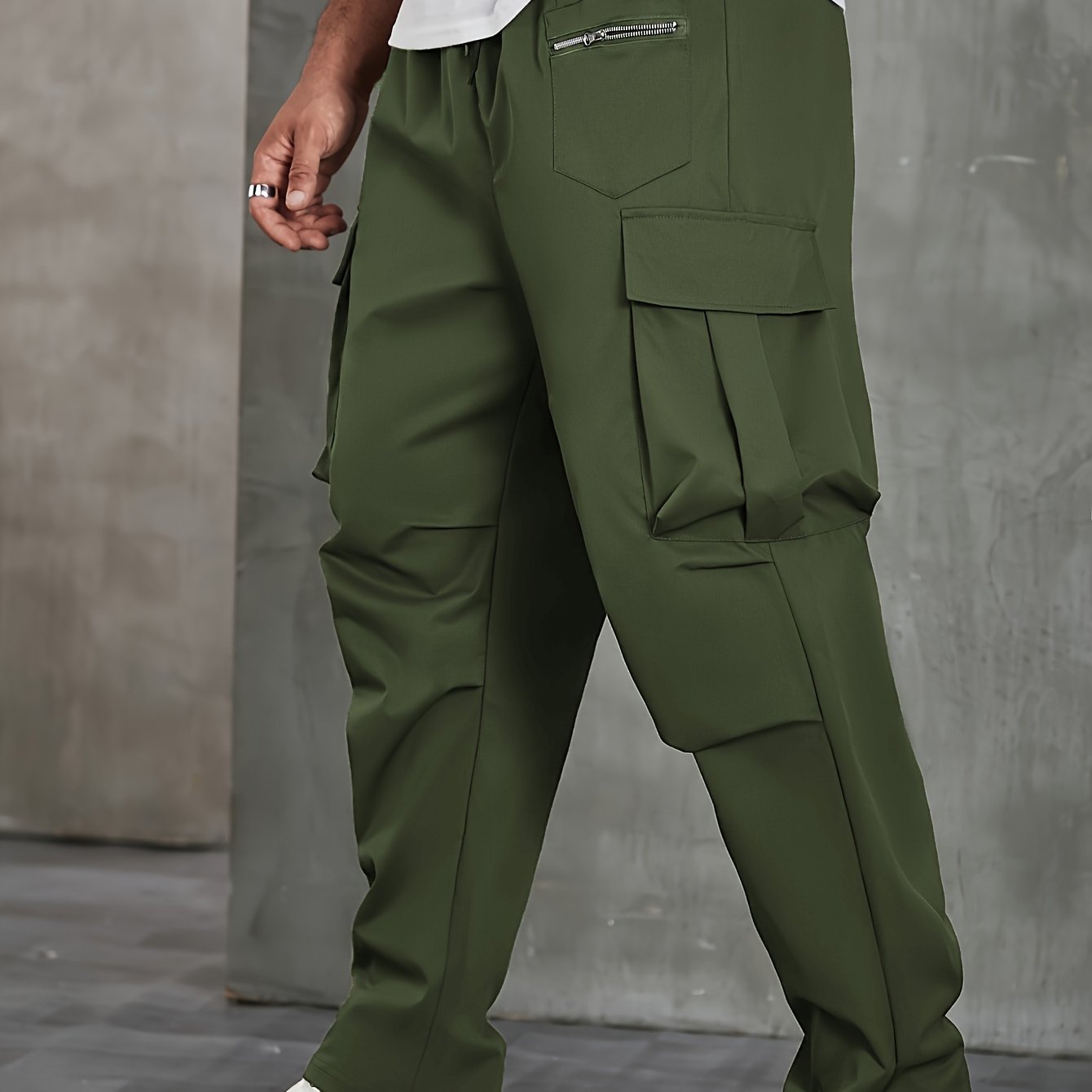 Plus Size Men's Solid Cargo Pants For Spring Fall, Outdoor Sports Pants For Males