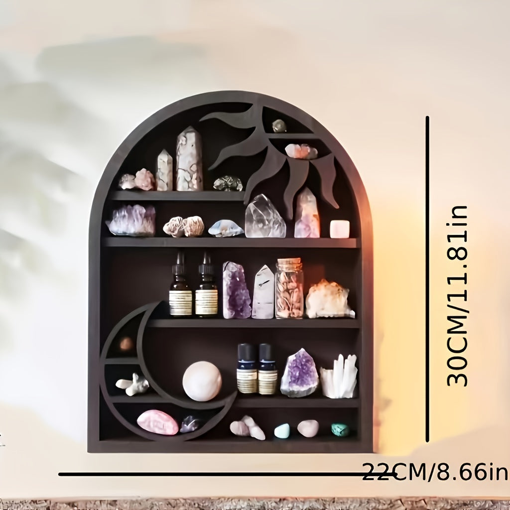 [Bohemian Wooden Display Rack] Wooden Moon & Sun Storage Rack - Wall-Mounted Crystal Display for Scented Candles and Stones, Bohemian Home Decor