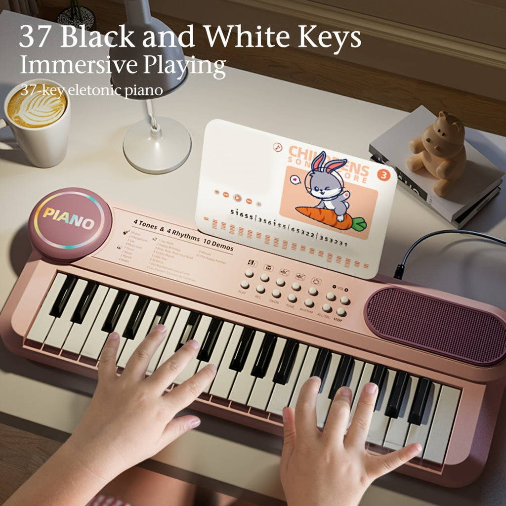 Youngsters Piano Keyboard Toys, 37 Keys Youngsters Piano Music Instruments Toy with Microphone, Pink Blue Piano Multipie Sounds, Stickers, Birthday Gifts for Boys and Girls