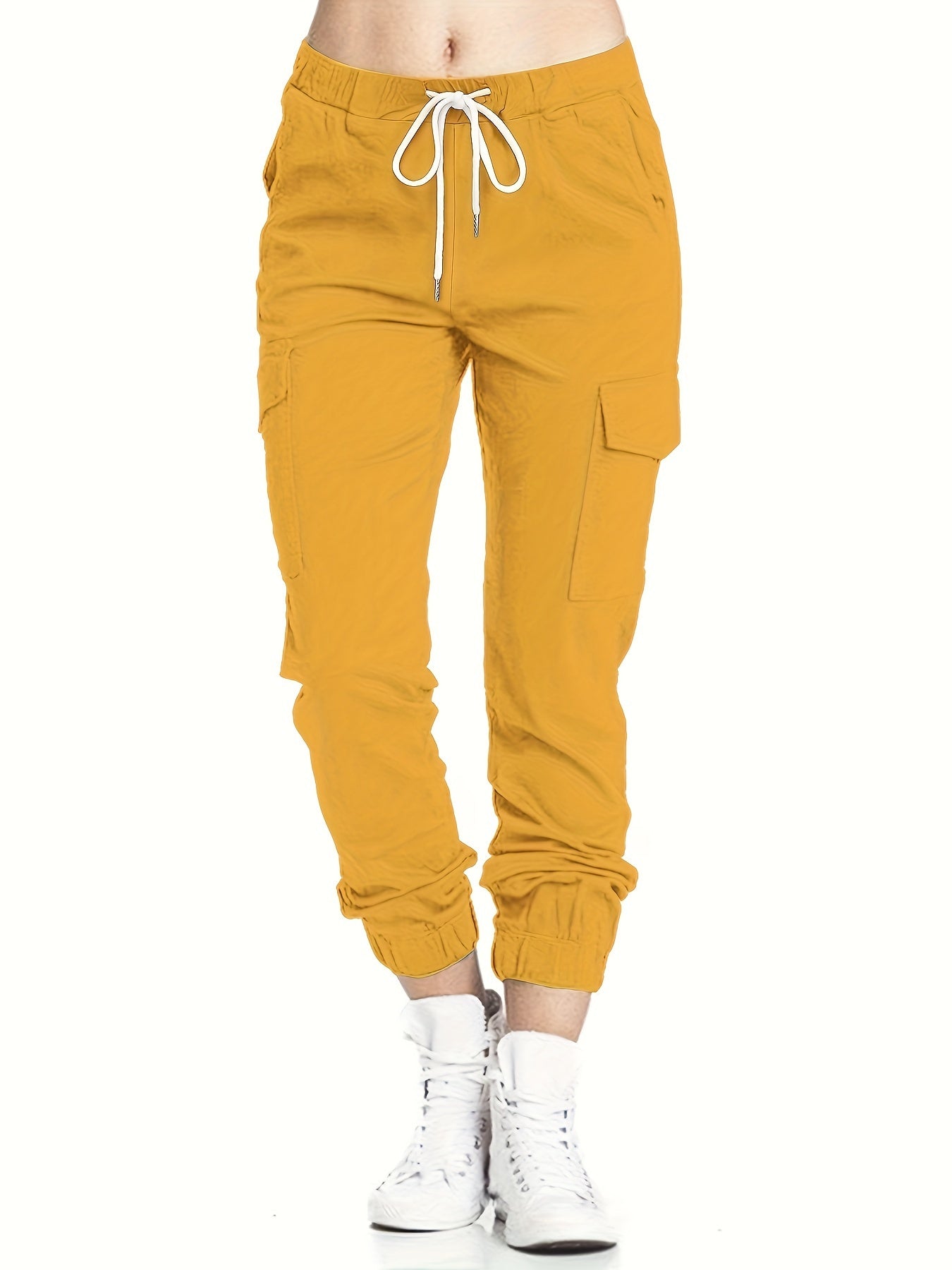 Y2K Solid Drawstring Cargo Pants, Casual Elastic Waist Long Length Pants With Pockets, Women's Clothing