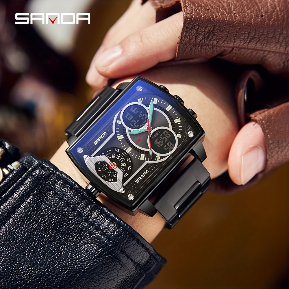 Large Dial Multi Time Zone Men's Watch, Square Dual Display Multifunctional Sports Watch with Dual Time Zone, Date, Alarm, and Stopwatch Functions