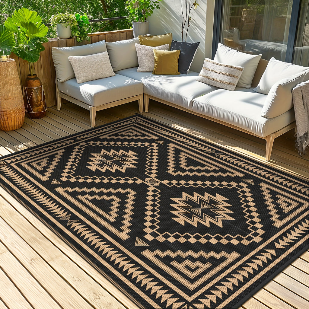 Reversible High Quality Outdoor Mat - Heavy-Duty Polypropylene Geometric Grid Pattern Mat, Lightweight Foldable with Storage Bag & Stakes for Patio, Deck, RV, Camping - Black/Brown, UV-Resistant &, Outdoor Rugs High Quality,