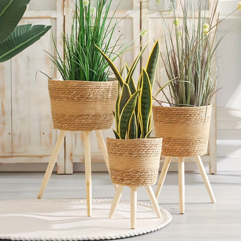 Set of 3 Seagrass Plant Baskets with Brackets - Round Indoor Flower Pot Covers, Classic Style Garden & Lawn Care Essentials