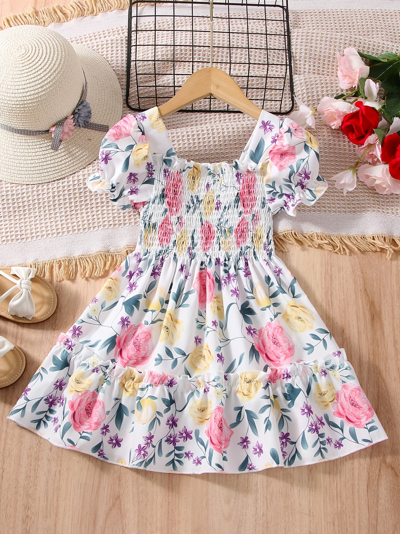 Girls Puff Sleeve Floral Shirred Ruffled Hem Party Dress Kids Summer Clothes