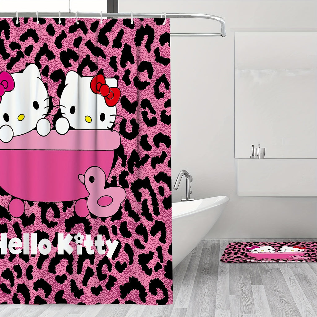 Machine Washable Sanrio Hello Kitty Bathroom Set with Stain Resistant Polyester, Knit Weave Style, Eyelet Hooks, Artsy Animal Theme Decor, Slip-Resistant Rugs and Bath Ensemble