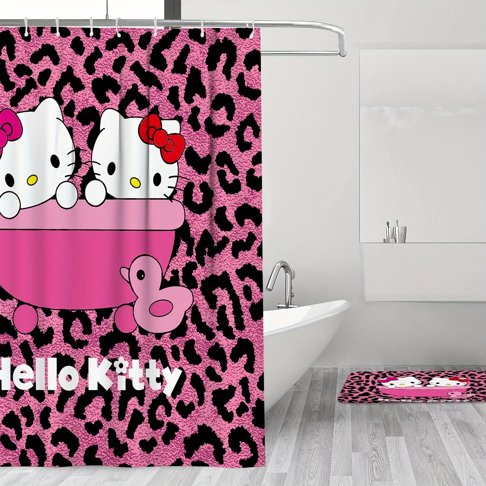 Machine Washable Sanrio Hello Kitty Bathroom Set with Stain Resistant Polyester, Knit Weave Style, Eyelet Hooks, Artsy Animal Theme Decor, Slip-Resistant Rugs and Bath Ensemble