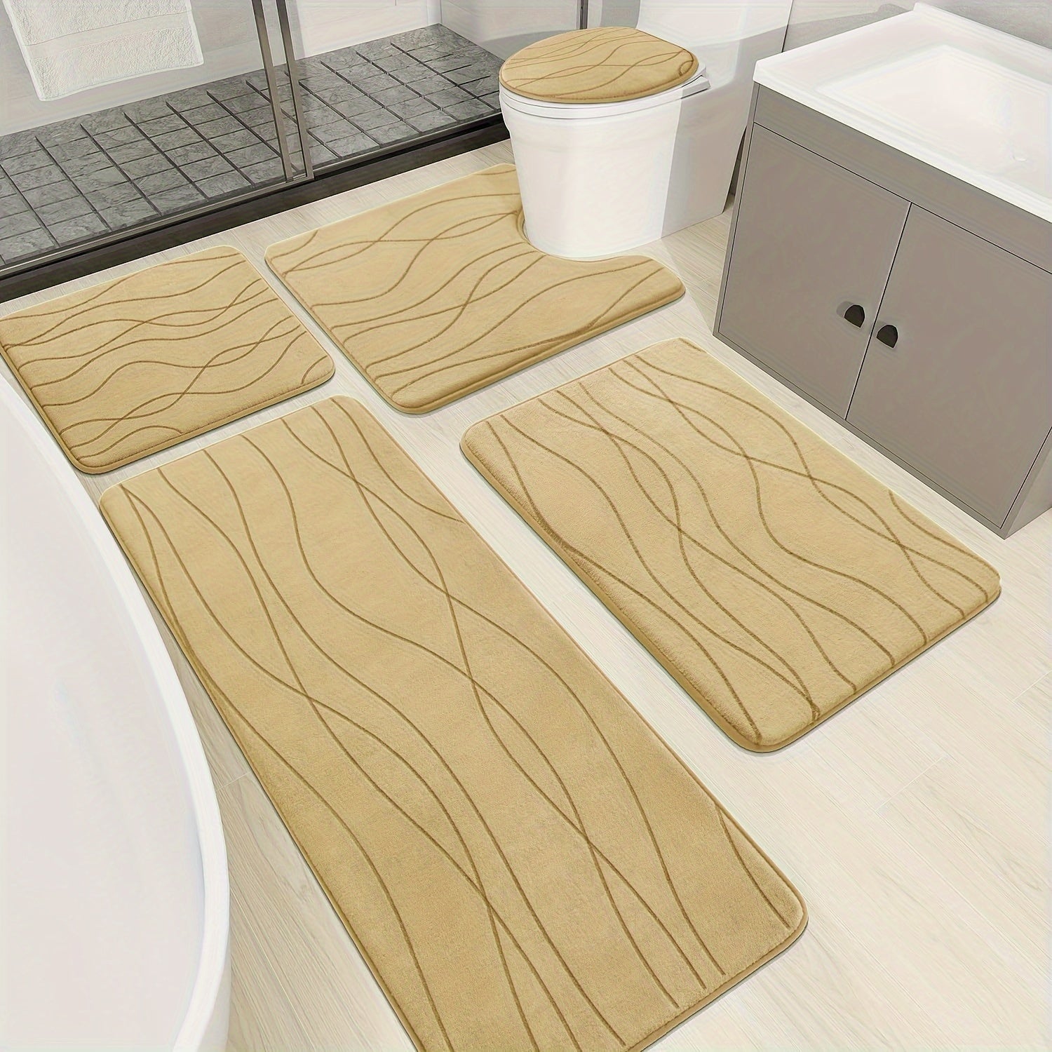 Wave Shape Bath Mat Set, Memory Foam Bathroom Rug Sets, Ultra Absorbent Bath Mat for Bathroom, Tub, Toilet Perfect for Shower Room And Bathroom Accessories- Non-Slip Bath Rugs Machine Washable & Dries Quickly, Bathroom Access
