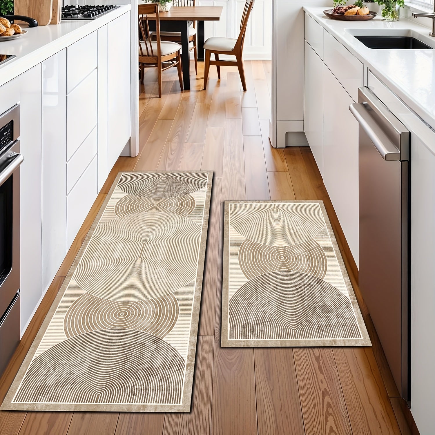 2pcs Beige/Brown Diatomite Kitchen Rugs - Soft Quick-Dry Absorbent Runner Mats with Beige/Brown/Gray Striped Pattern, Non-Slip Rubber Backing, Machine Washable Mat for Hallway, Bathroom, Laundry Room & Sink Areas (Modern Beig