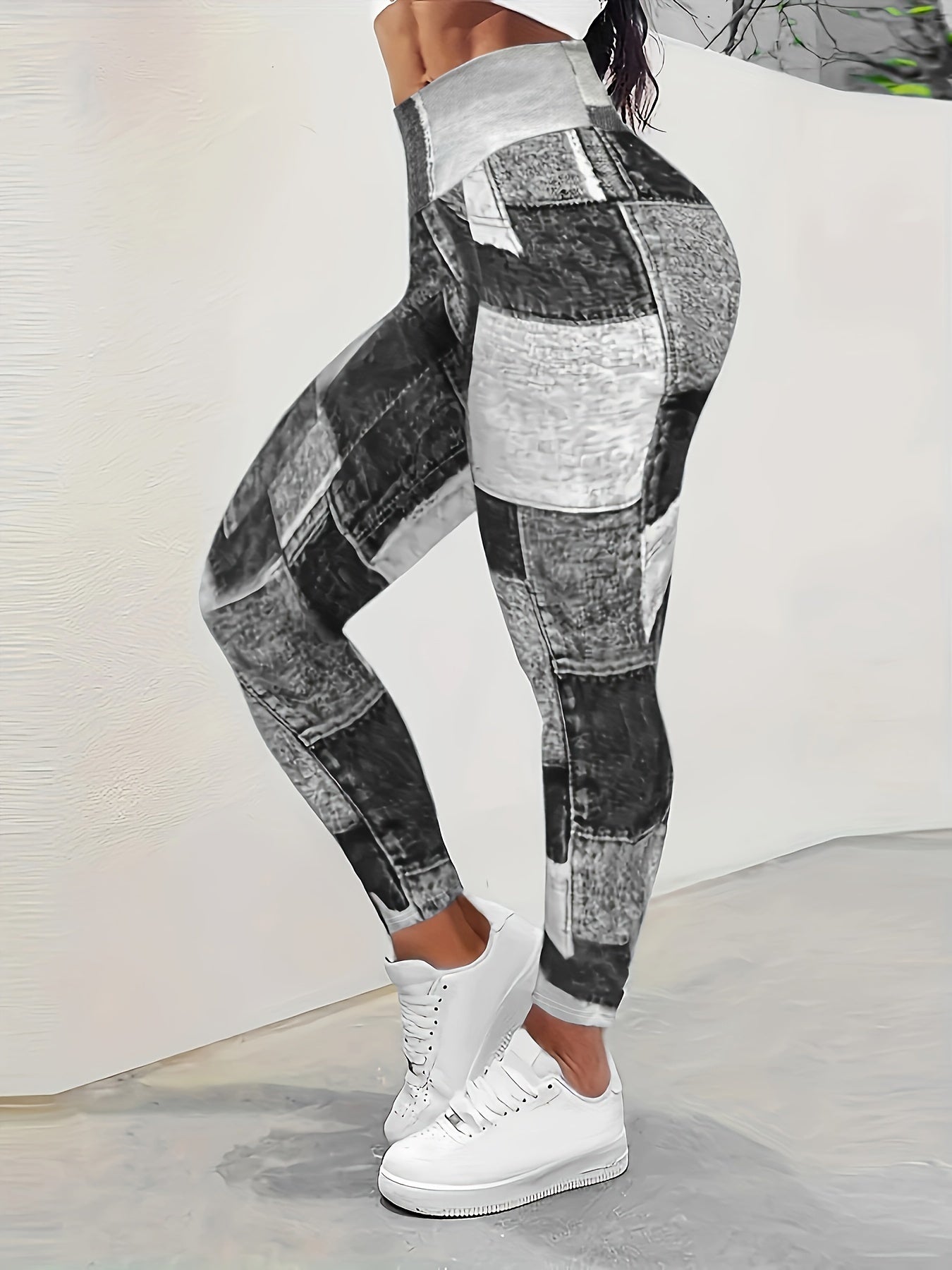 Yoga Fitness Leggings, Plaid Panel Denim Print High Waist Sports Pants, Women's Activewear