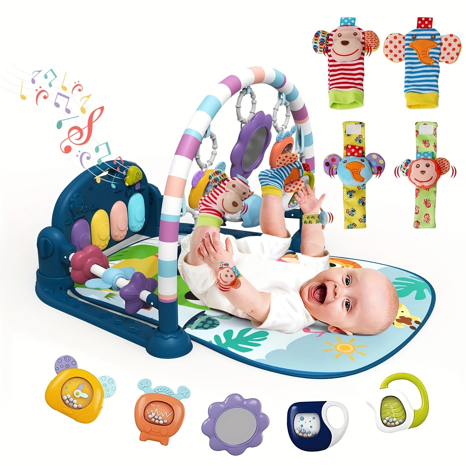 Play Game Mat, Funny Play Piano Tummy Time Activity Mat With 5 Toys & 4 Wrist Baby Rattle Socks, Boy & Girl Gifts