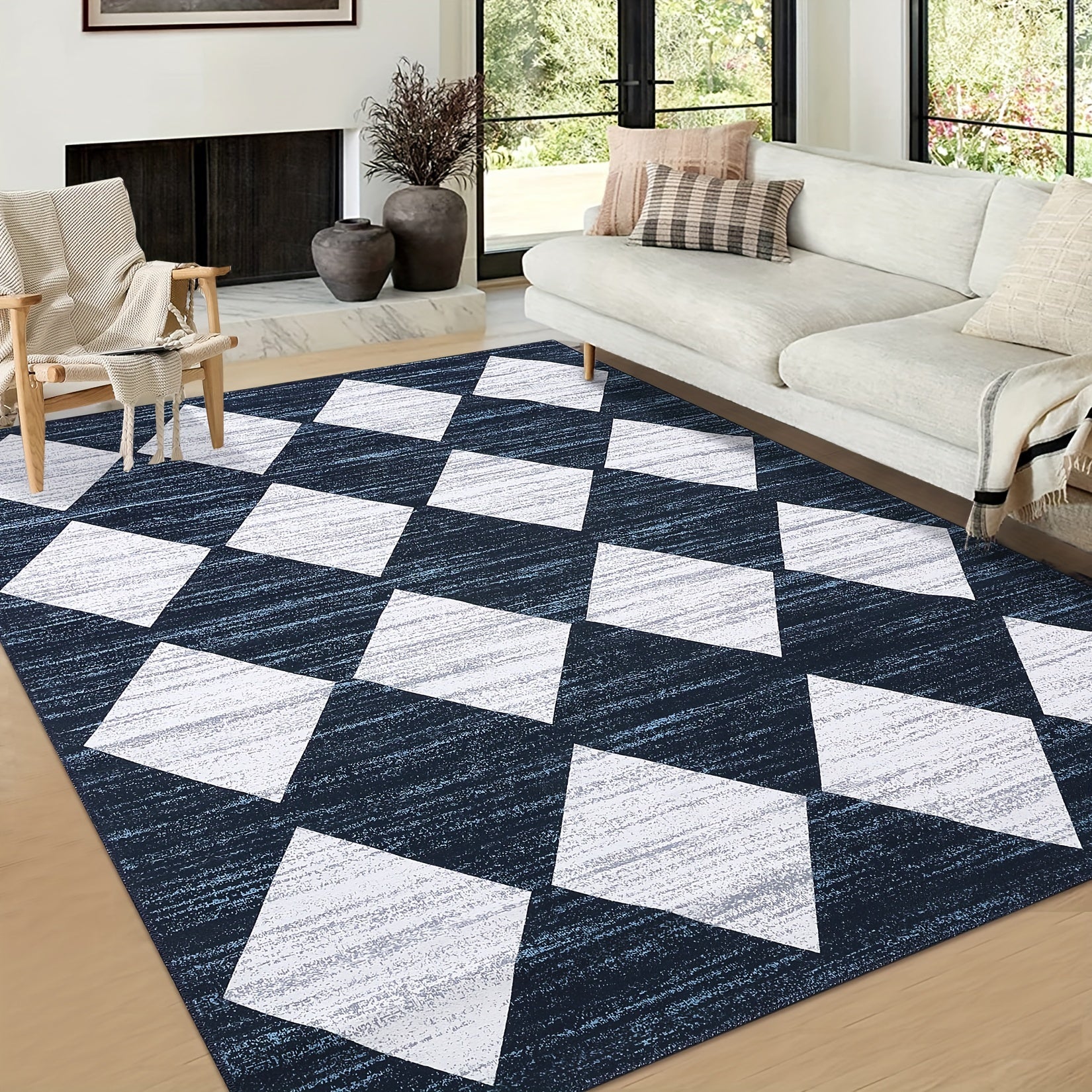 1 pc Geometric Living Room Rugs Modern Trellis Carpet Washable Rugs Distressed Bedroom Rug Large Area Rug Moroccan Office Rug Meline Checkered Rug, Dark Blue