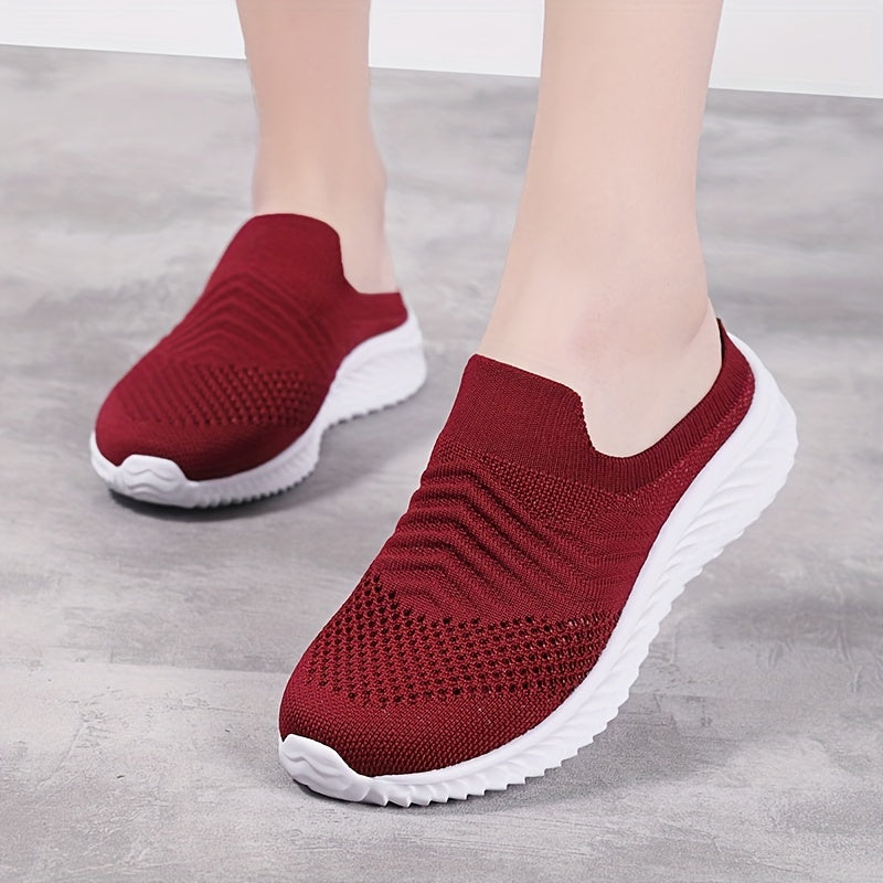 Women's Solid Color Knit Sneakers, Breathable Closed Toe Slip On Slippers, Casual Walking Mules