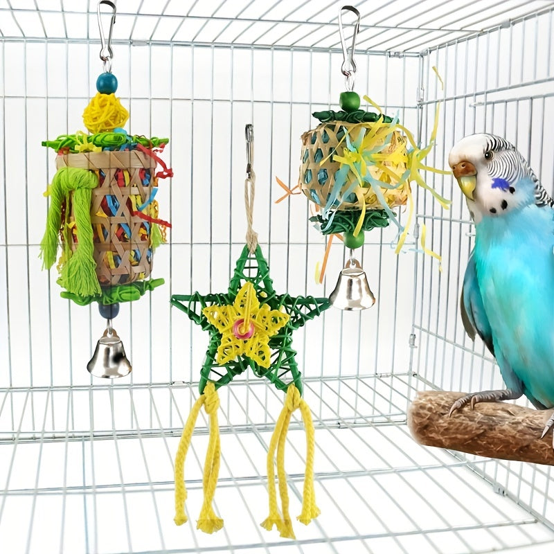 3pcs Vibrant Parrot Chew Toys with Natural Woven Perch - Colorful Hanging , Bird Toys