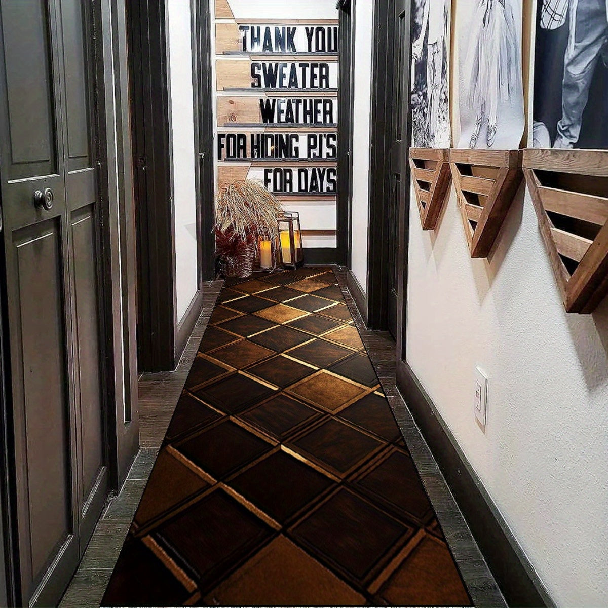 1pc Elegant Geometric Printed Long Entryway Rug - Dark Brown & Golden Rectangular Mat for High-Traffic Areas, Durable Polyester, Hand Wash Only, Machine-Made, Perfect For Home & Office Decor, Rugs For Living Room, Office Floo
