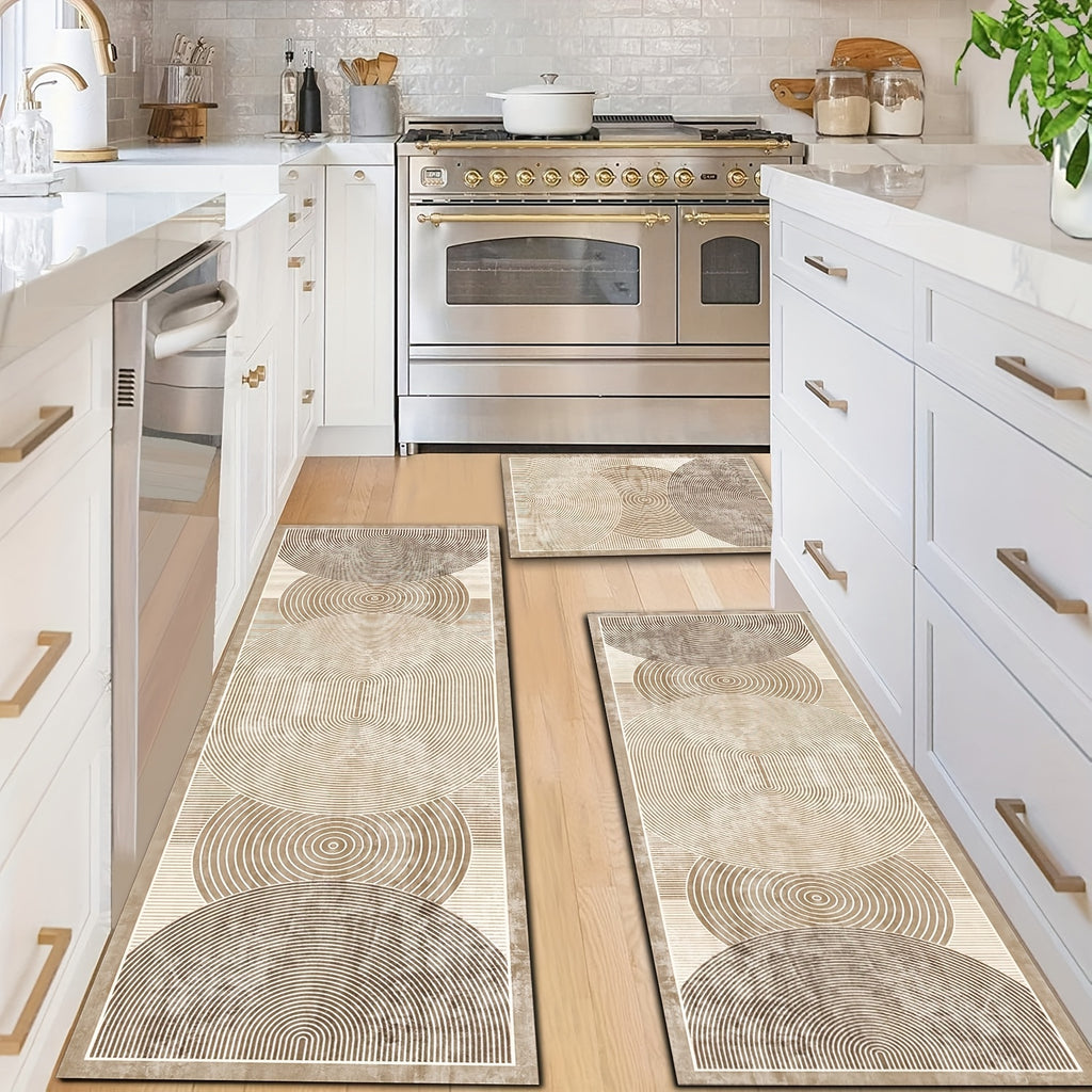 2pcs Beige/Brown Diatomite Kitchen Rugs - Soft Quick-Dry Absorbent Runner Mats with Beige/Brown/Gray Striped Pattern, Non-Slip Rubber Backing, Machine Washable Mat for Hallway, Bathroom, Laundry Room & Sink Areas (Modern Beig