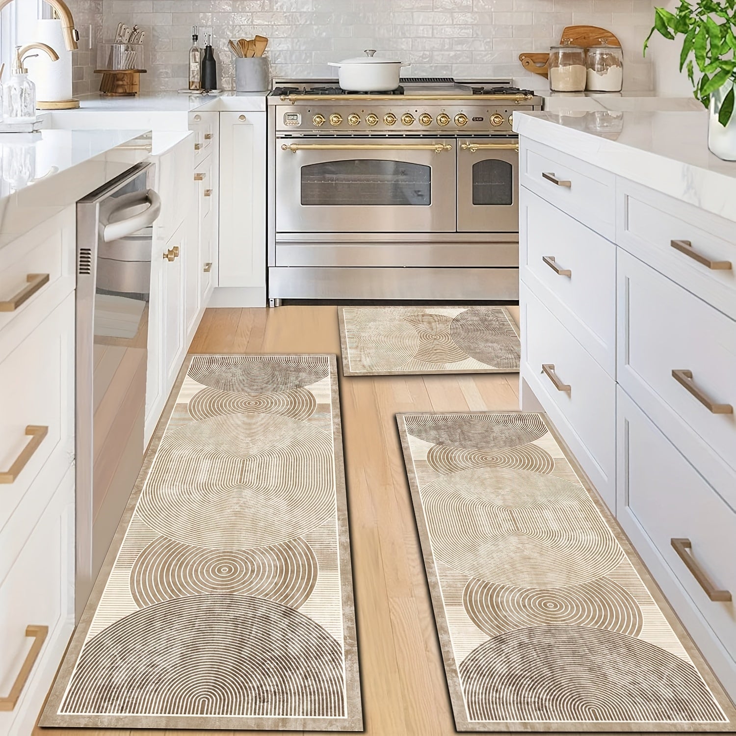 2pcs Beige/Brown Diatomite Kitchen Rugs - Soft Quick-Dry Absorbent Runner Mats with Beige/Brown/Gray Striped Pattern, Non-Slip Rubber Backing, Machine Washable Mat for Hallway, Bathroom, Laundry Room & Sink Areas (Modern Beig