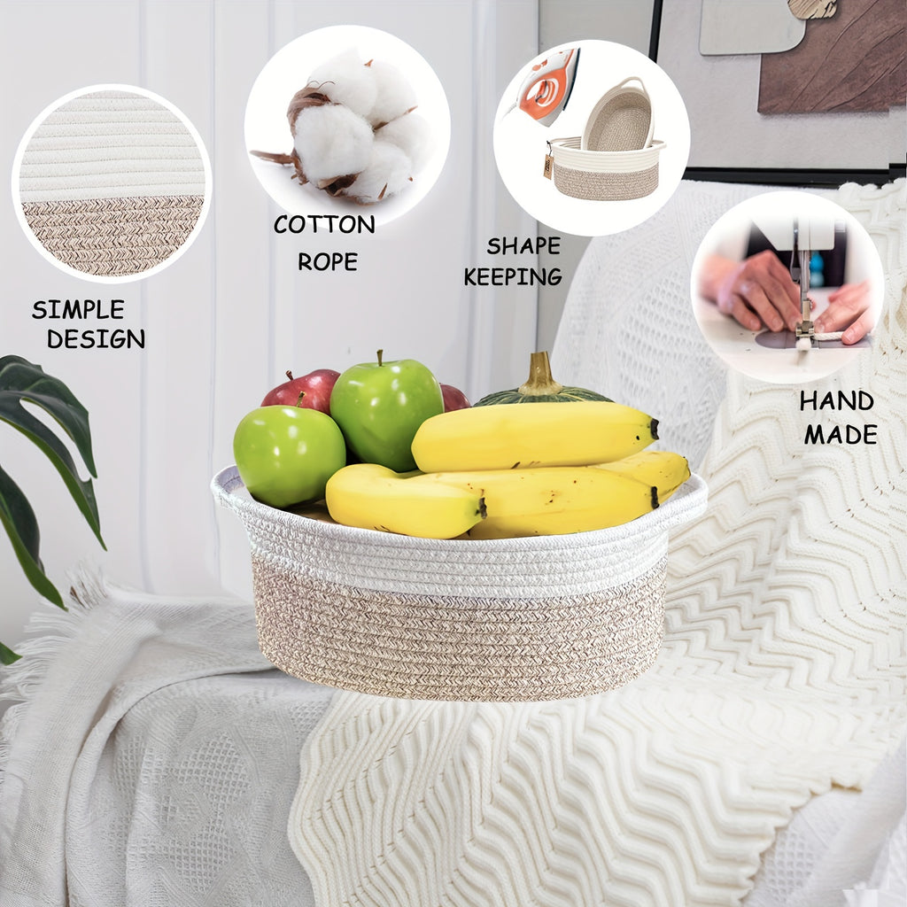2Pack Cute Small Woven Gift Basket With Handles, 1Pcs 13.8"X9"X6.1"+ 1Pcs 12.6"X8.2"X5.5", Cotton Rope Basket Room Decor, Shelf Storage Basket Chest Box Bin For Cat And Dog Toys, Empty Decorative Gift