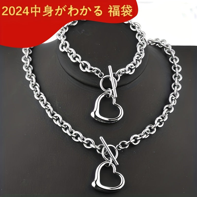 1 Set Exquisite Titanium Steel Stainless Steel Hollow Heart-Shaped Peach Heart Necklace and Bracelet Set - Silver Plated