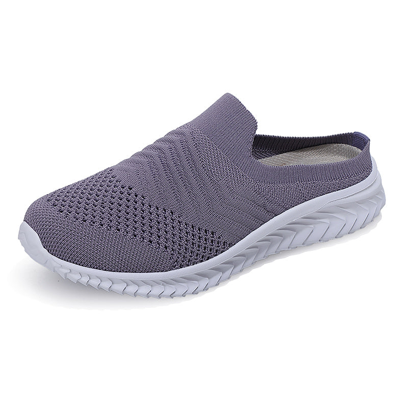 Women's Solid Color Knit Sneakers, Breathable Closed Toe Slip On Slippers, Casual Walking Mules
