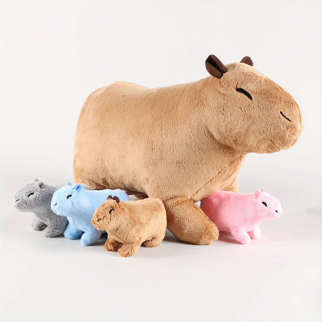 Kawaii Simulation Capybara Stuffed Animal-13.38'' Mommy Stuffed Capybara with 4 Mini Capybara Stuffed Animals Inside Zipper Tummy, Stuffed Simulation Capybara Toys for Kid Christmas