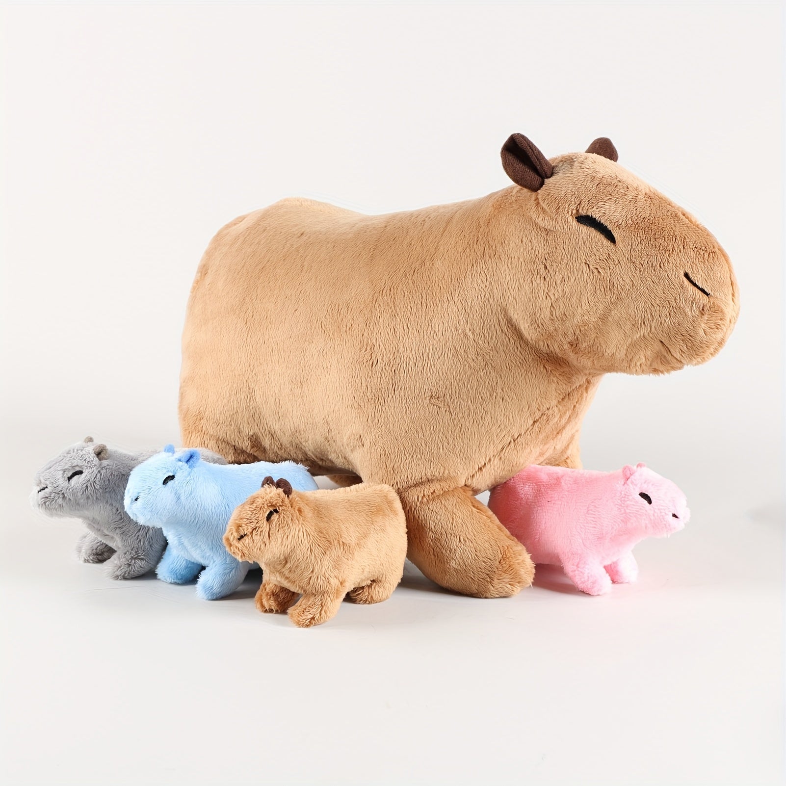 Kawaii Simulation Capybara Stuffed Animal-13.38'' Mommy Stuffed Capybara with 4 Mini Capybara Stuffed Animals Inside Zipper Tummy, Stuffed Simulation Capybara Toys for Kid Christmas