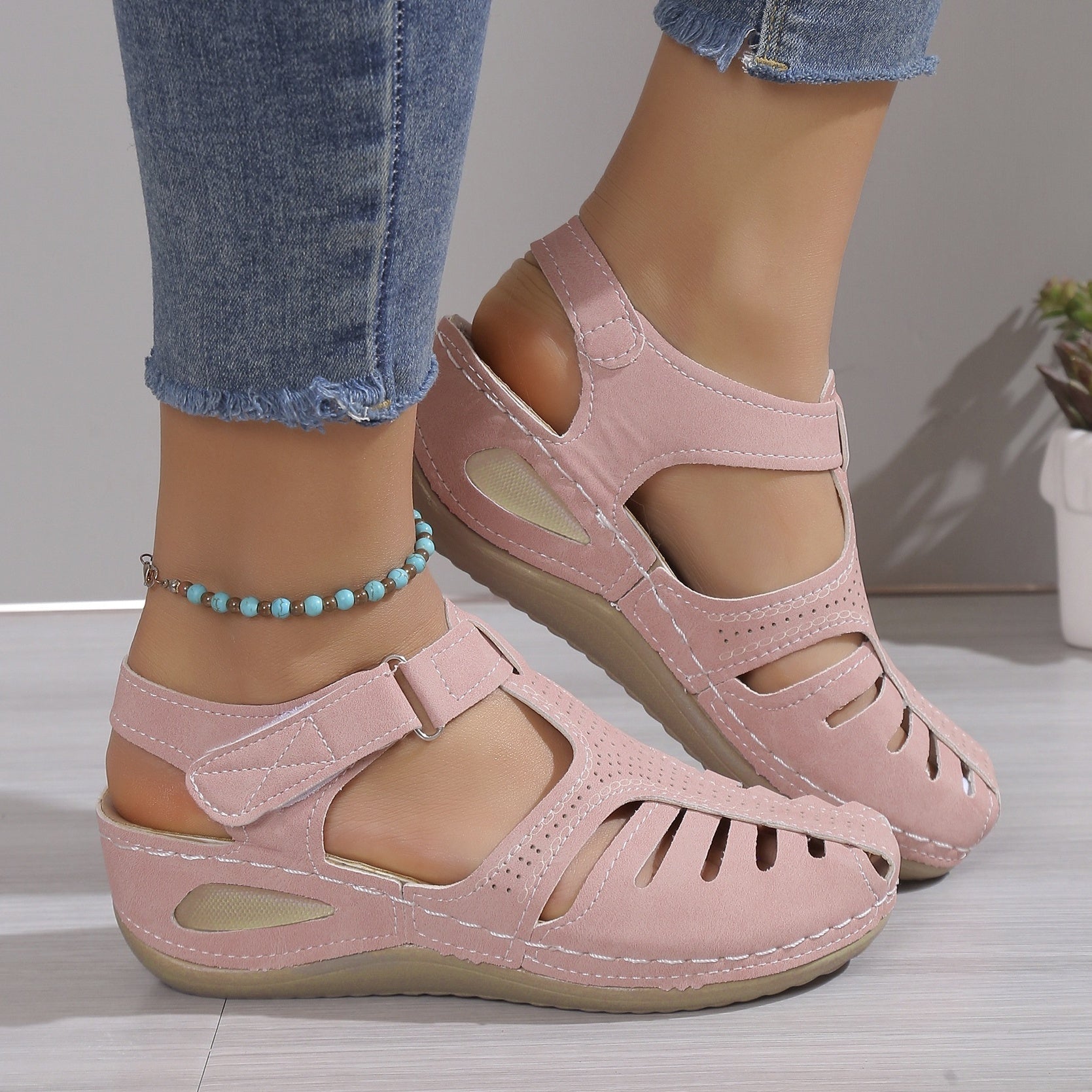 Women's Platform Sandals, Closed Toe Round Toe Solid Color Ankle Strap Sandals, Women's Hook And Loop Shoes