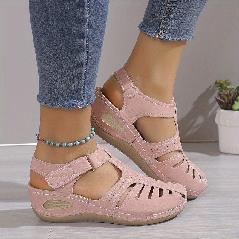 Women's Platform Sandals, Closed Toe Round Toe Solid Color Ankle Strap Sandals, Women's Hook And Loop Shoes
