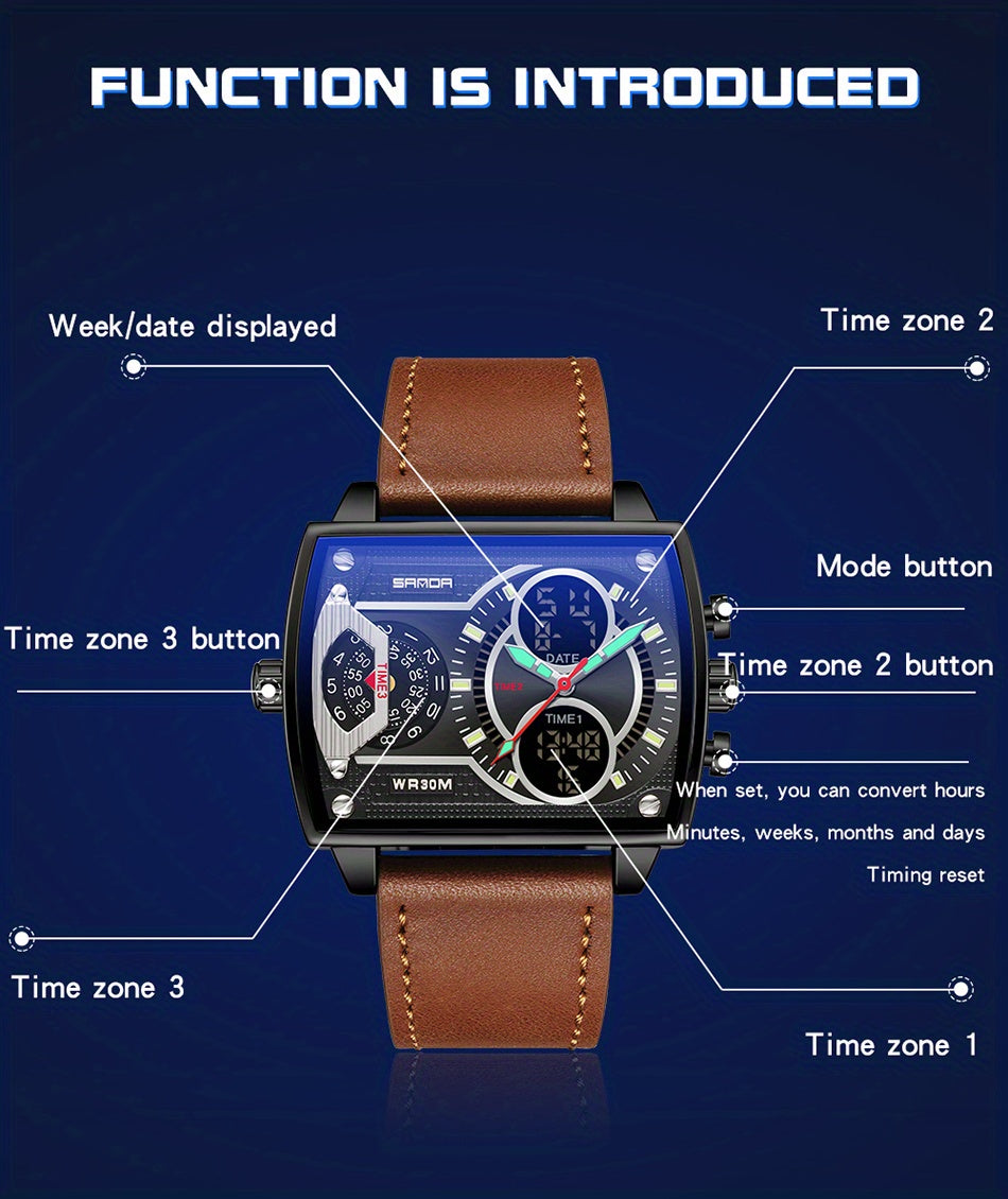 Large Dial Multi Time Zone Men's Watch, Square Dual Display Multifunctional Sports Watch with Dual Time Zone, Date, Alarm, and Stopwatch Functions