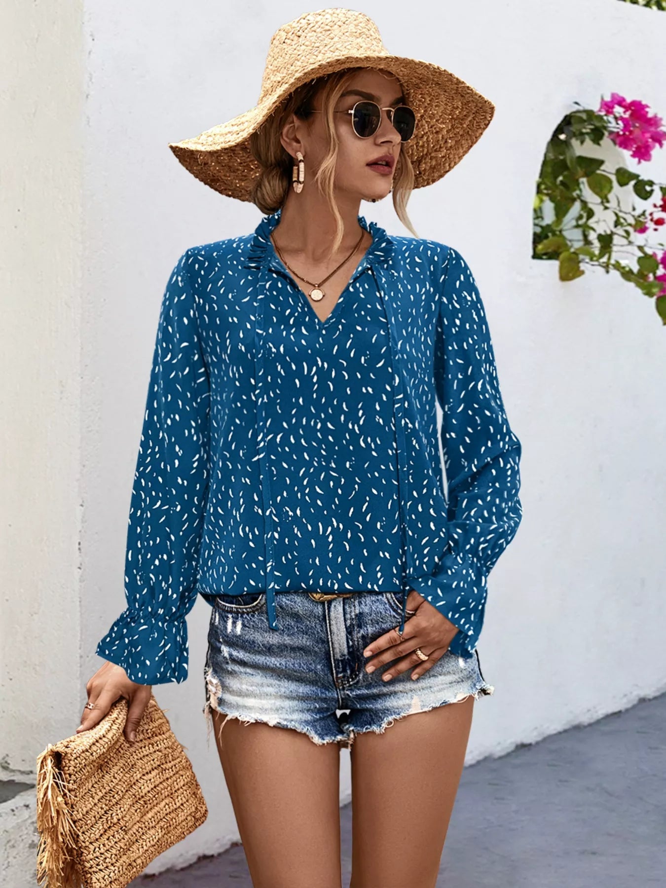 Ruffled Printed Tie Neck Long Sleeve Blouse