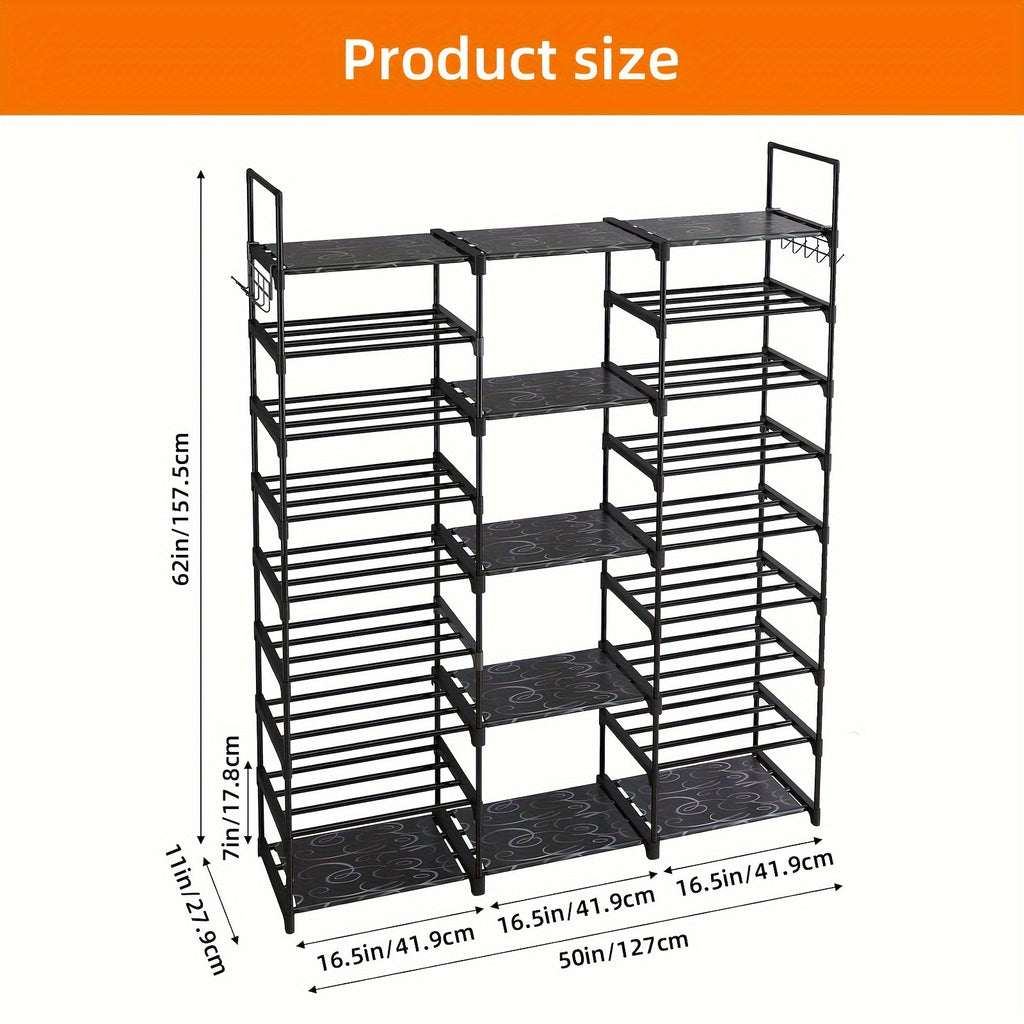 1 pc 9-tier shoe rack organizer (51" L x 10.6" W x 61.2" H), black, 50-55 pairs, stackable metal rack with entry hook, bedroom closet shoe rack