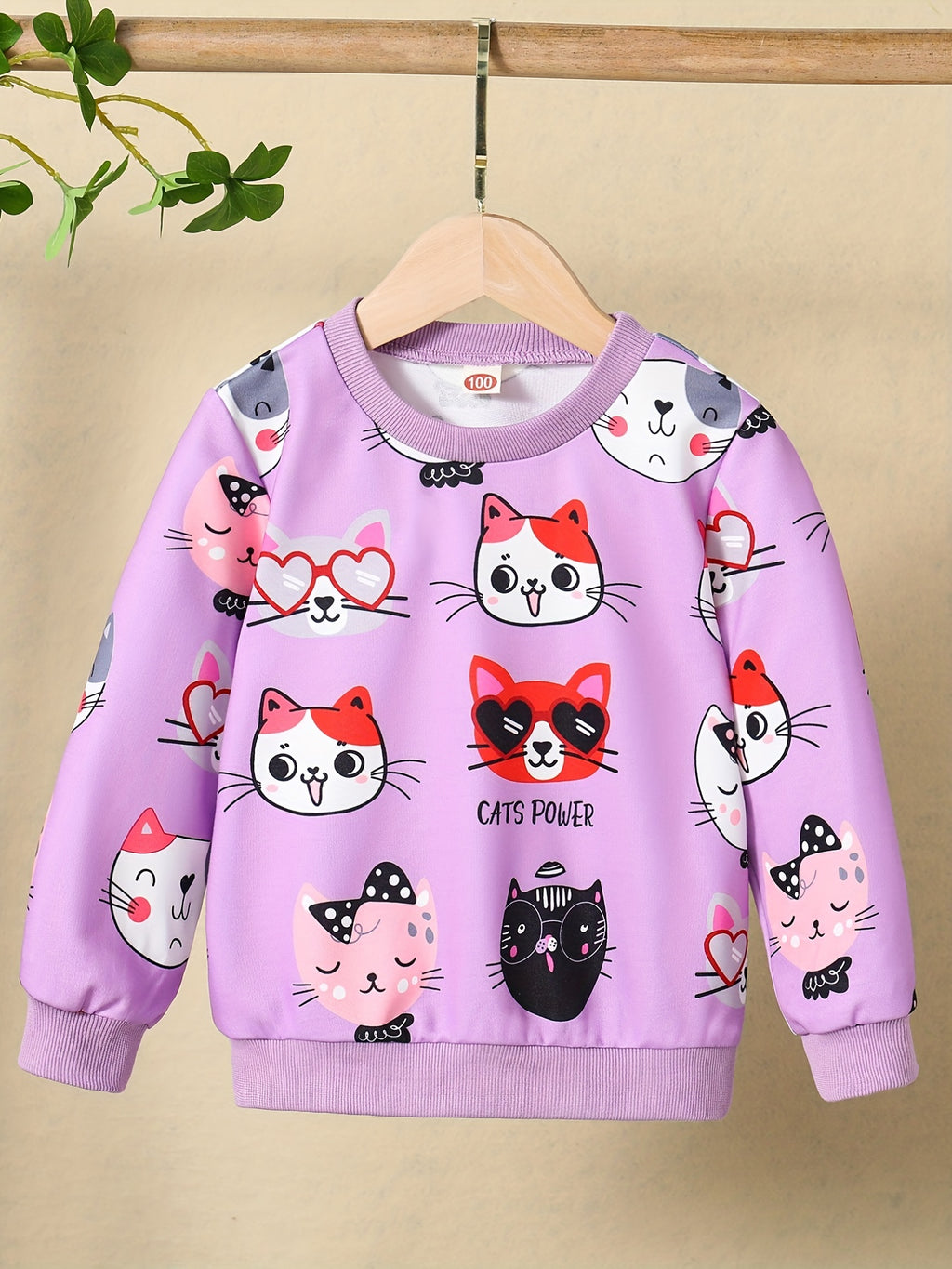 Girls' Cute Cat Print Sweatshirt - Pastel Pink with & Cat Design, Soft Round Neck Long Sleeve Top for Everyday & Special Occasions