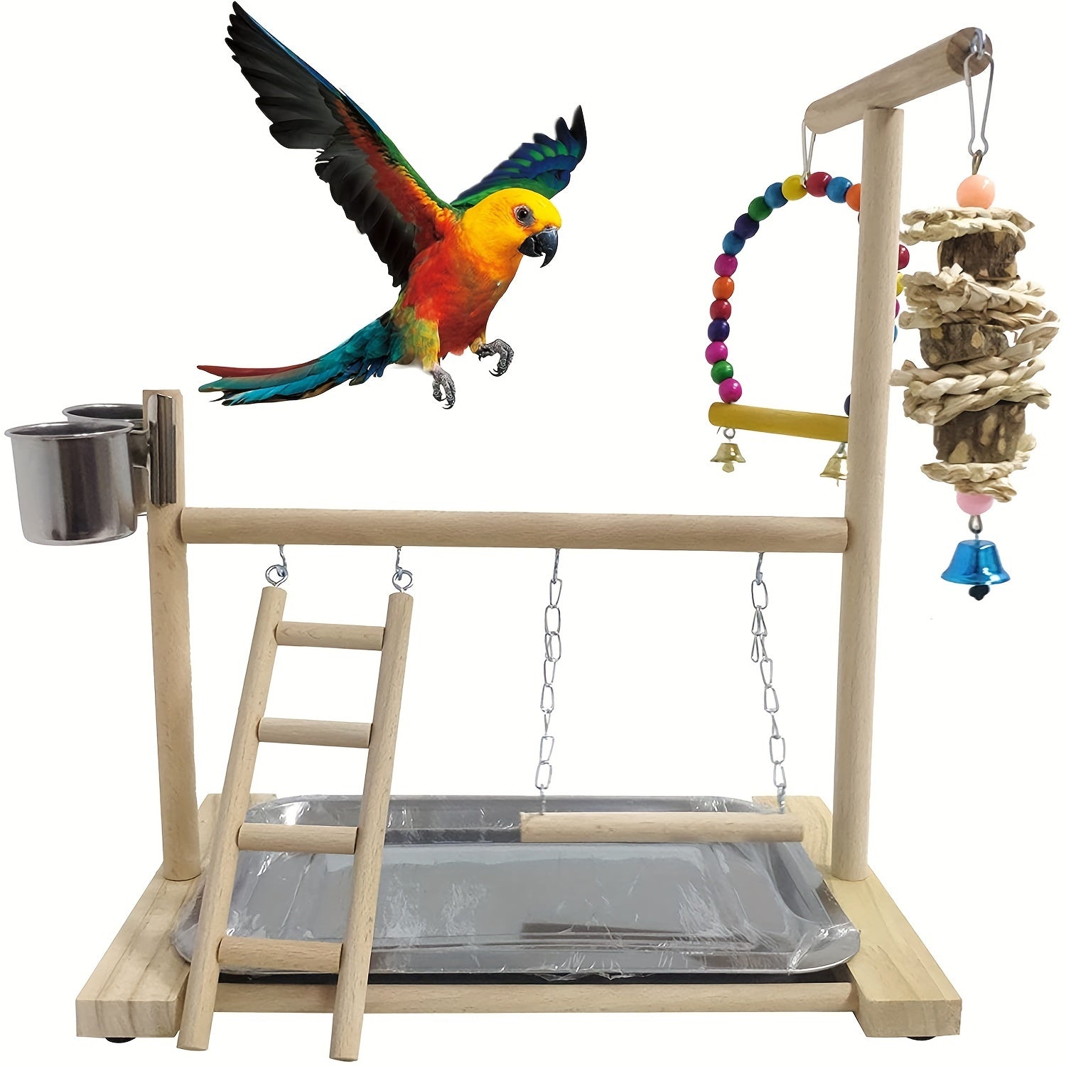 Parrot Play Stand with Swing and Chew Toys - Durable Wood, Ideal for Medium & Small Birds - Interactive Training Station for Lovebirds and Parakeets