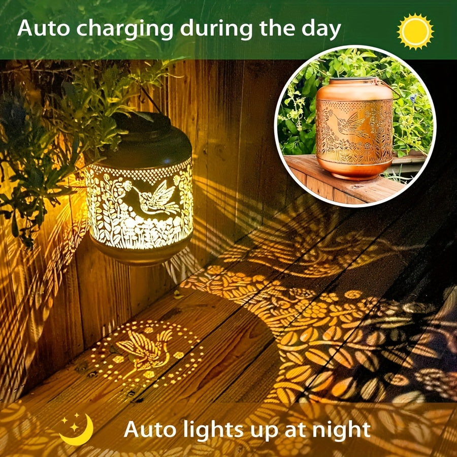 Charming Hummingbird Solar Lantern - Outdoor LED Light, Metal Bird Decor for Garden, Patio, Lawn & Pathway