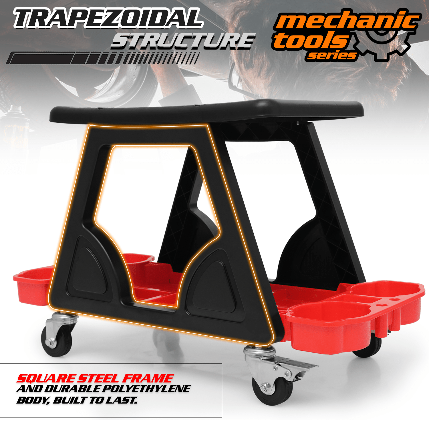 Mechanics Stool with Wheels, Roller Creeper Seat with Tools Storage Tray, Seat Chair for Home Garage DIY Automotive, 300 lbs Capacity