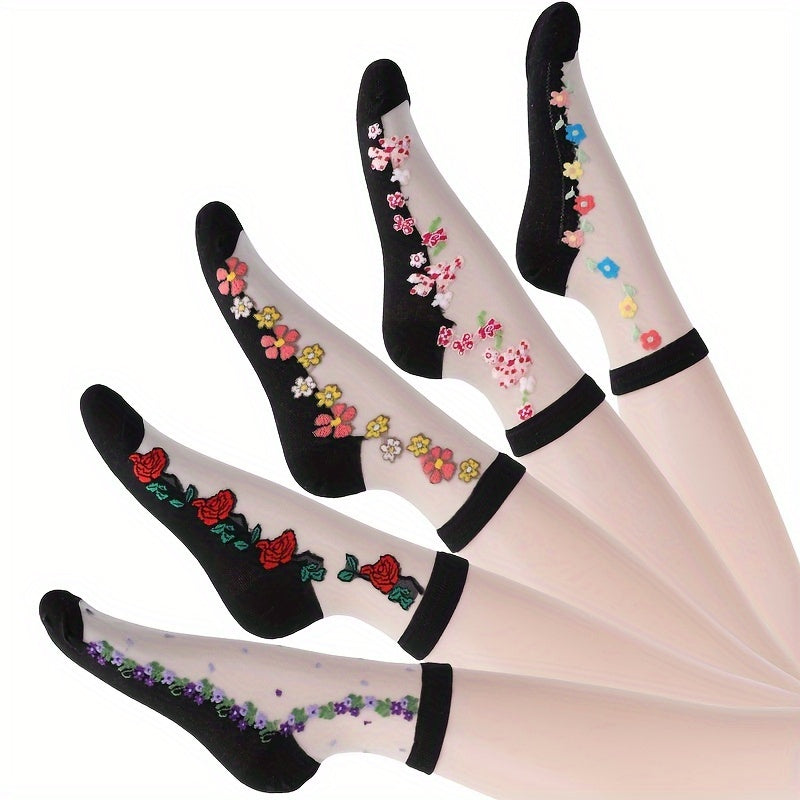 [5 Pairs Crystal Socks] 5 Pairs Thin Glass Jacquard Crystal Ice Slick Fiber Women's Socks