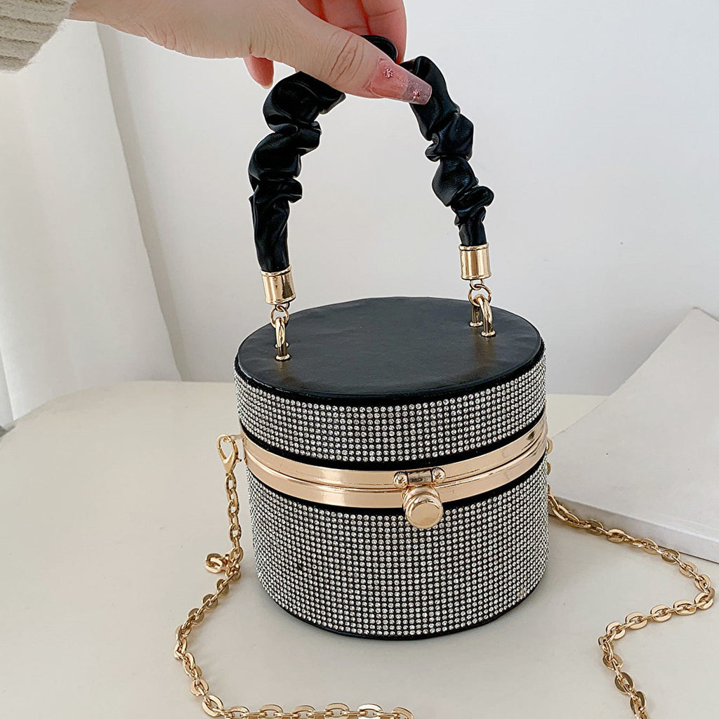 Mini Allover Rhinestone Handbag, Ruched Detail Evening Bucket Bag,