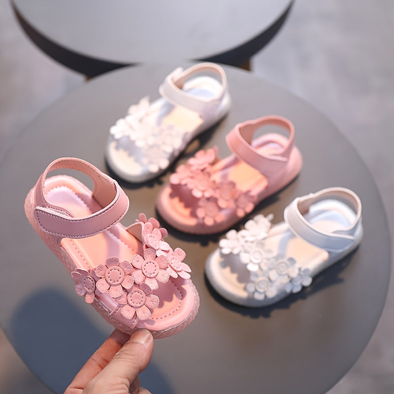 Baby Girls Cute Casual Sandals With Flower Decoration, Non-slip Soft Sole Slip-on Hook And Loop Fastener Shoes For Summer
