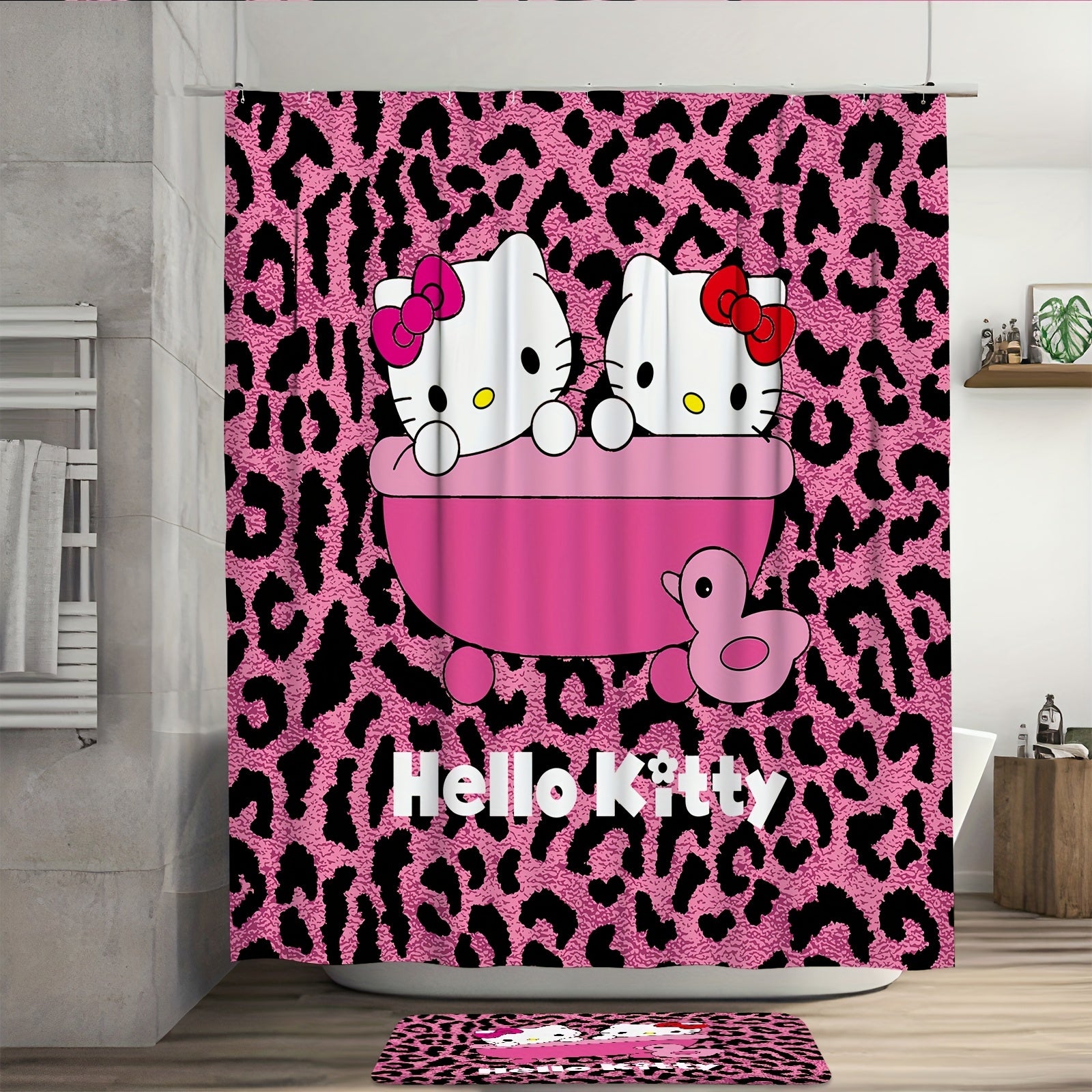 Machine Washable Sanrio Hello Kitty Bathroom Set with Stain Resistant Polyester, Knit Weave Style, Eyelet Hooks, Artsy Animal Theme Decor, Slip-Resistant Rugs and Bath Ensemble