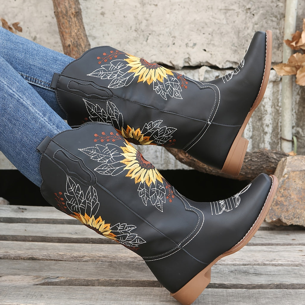 Women's Embroidered Mid Calf Western Boots, Faux Leather Fashion Boots, Women's Footwear