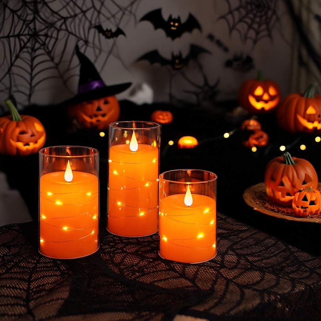 Flickering Flameless Candles with String Lights, Battery Operated Candles, Embedded String Lights LED Candles, Candles with Remote, Set Of 3