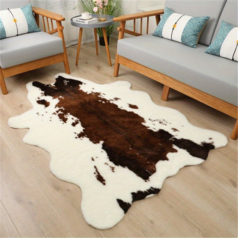 Washable Low-Pile Faux Cowhide Rug - 1pc Durable Western Style Animal Print Carpet for Bedroom and Living Room Decor - Home and Room Decor