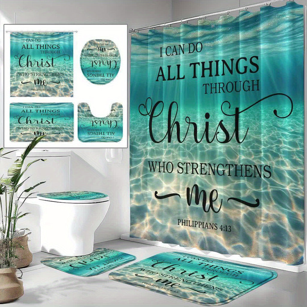 4pcs/1pc Beach Ocean Bible Verse Shower Curtain Set, Blue Ocean Seaside Decor with Inspirational Scripture Quotes, Summer Coastal Seascape Fabric, High Quality Polyester Bathroom Set with 12 Hooks, Non-Slip Rugs, Toilet Lid C