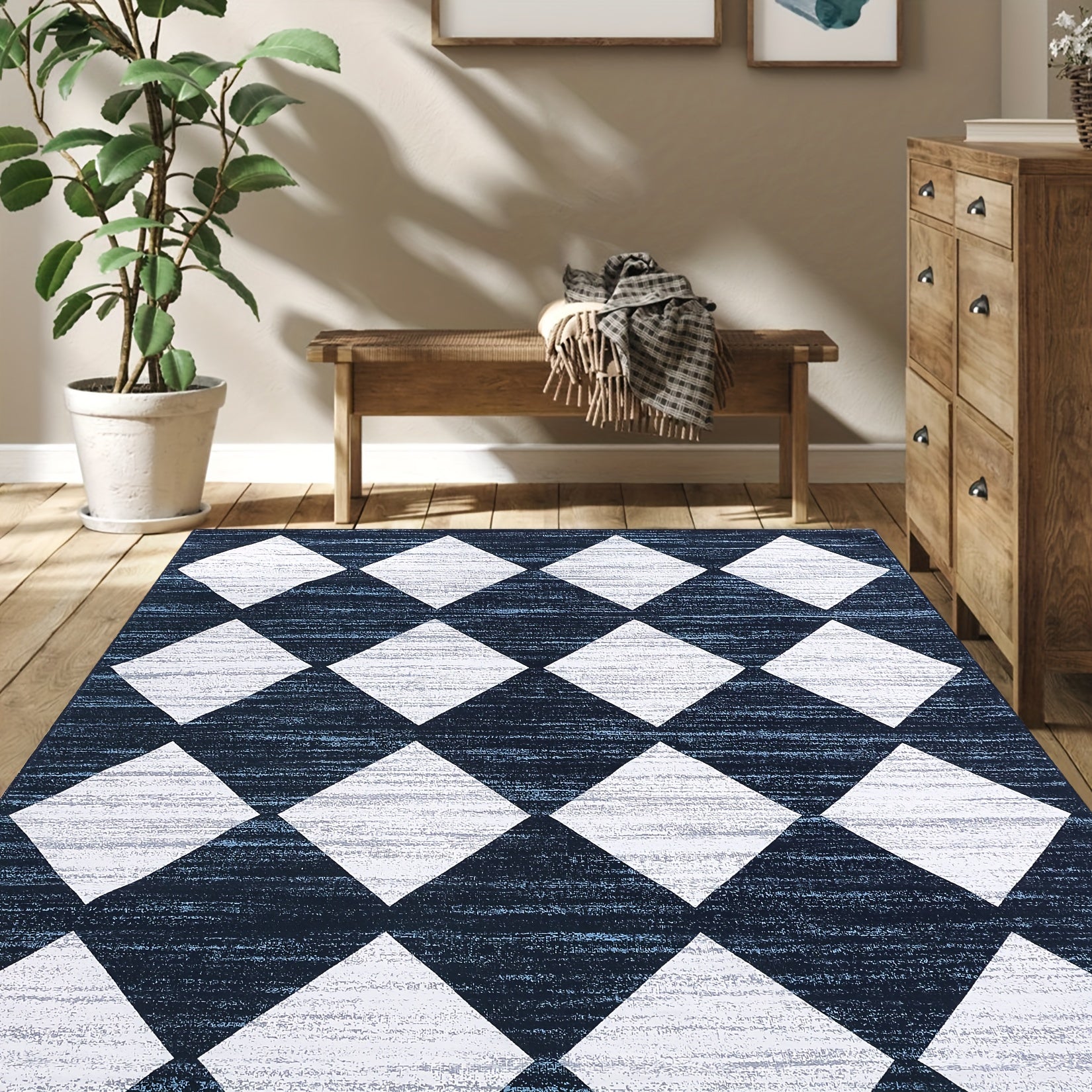 1 pc Geometric Living Room Rugs Modern Trellis Carpet Washable Rugs Distressed Bedroom Rug Large Area Rug Moroccan Office Rug Meline Checkered Rug, Dark Blue